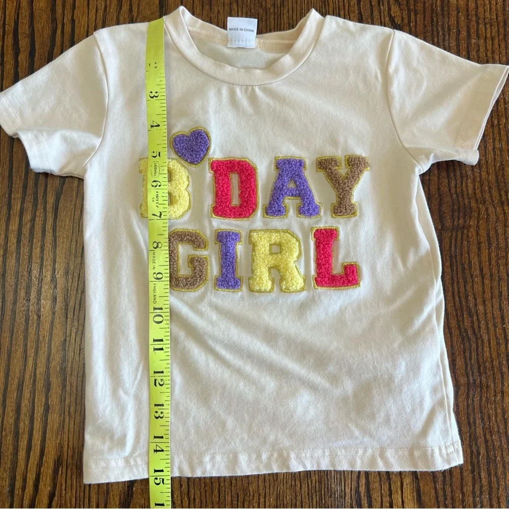 B’day Girl T Shirt Birthday 2-3 Years Toddler Party Beige Crew Neck Patches Tee